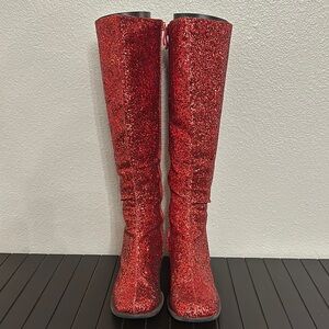 Vibrant Red Over the Knee Boots with Glittery Finish